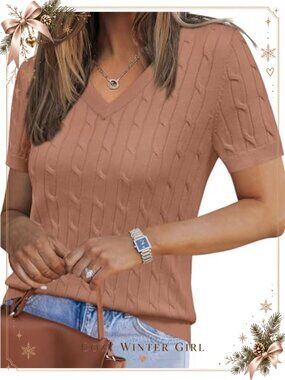 Wool Blend Cable Knit V Neck Short Sleeve Sweater Loose Fit